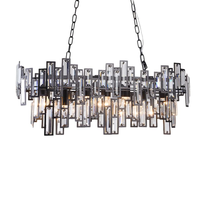 7 Bulbs Oval Frame Pendant Lamp Modern Black/Gold Clear Rectangular-Cut Crystals Encrusted Island Lighting