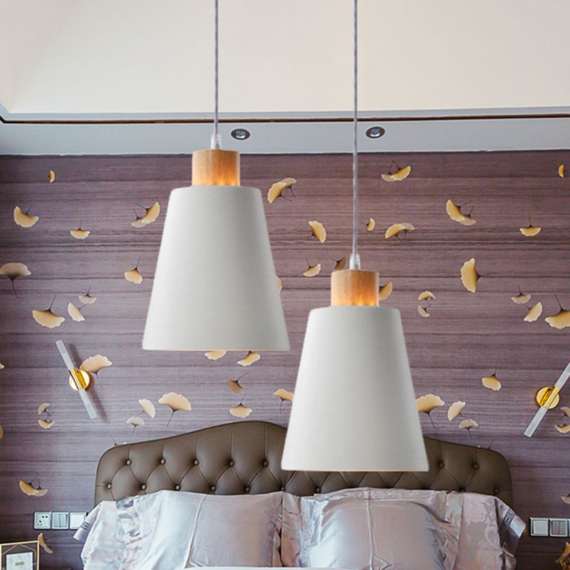 Contemporary Bucket Shade Pendant Lamp Metallic White Finish Hanging Light with Round/Linear Canopy for Hallway