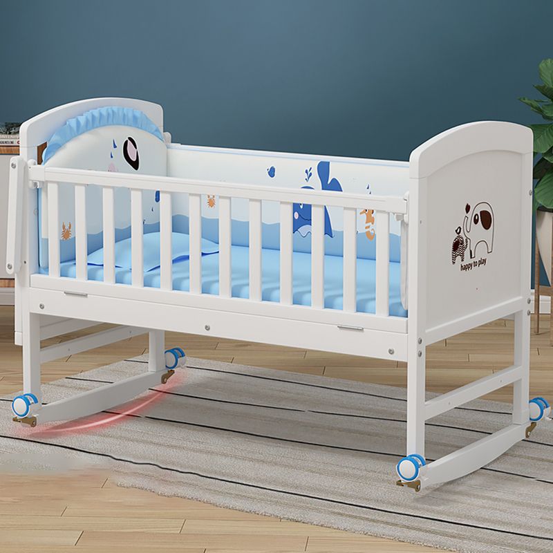 White Wooden Nursery Crib Wheels Farmhouse Crib with Storage