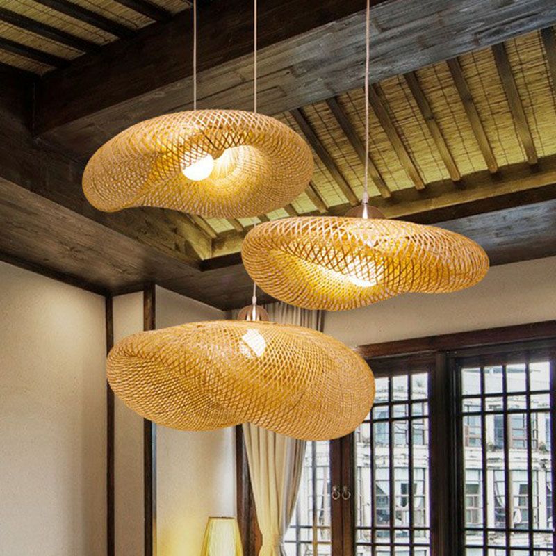 Verdrehter Anhänger Leichtes zeitgenössisches Bambus Single-Bulb Restaurant Suspension Light in Holz