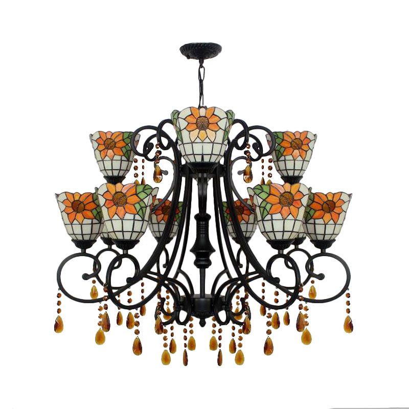 Lodge Bowl Chandelier Stained Glass 11 Lights Decorative Inverted Chandelier with Crystal in Orange