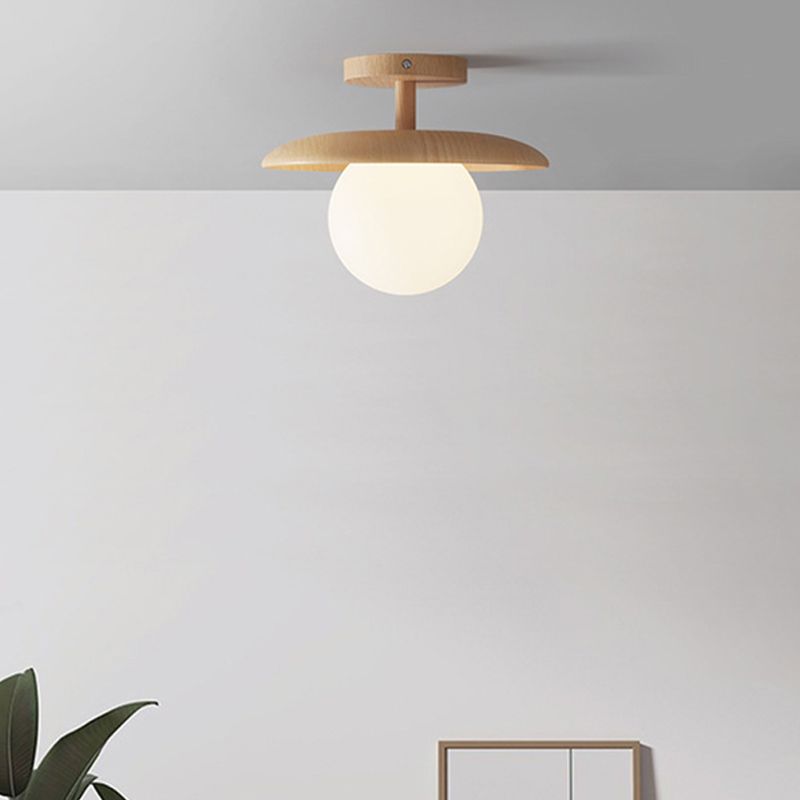 Modern Style Spherical Shape Ceiling Light Wood 1 Light Ceiling Light for Restaurant