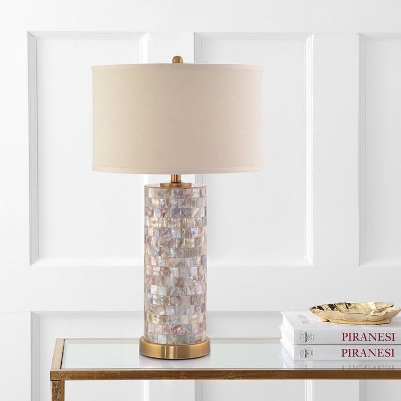 Shell Patchwork Column Nightstand Light Minimalist 1 Head Parlor Table Lamp with Cylinder Fabric Shade in Flaxen/White
