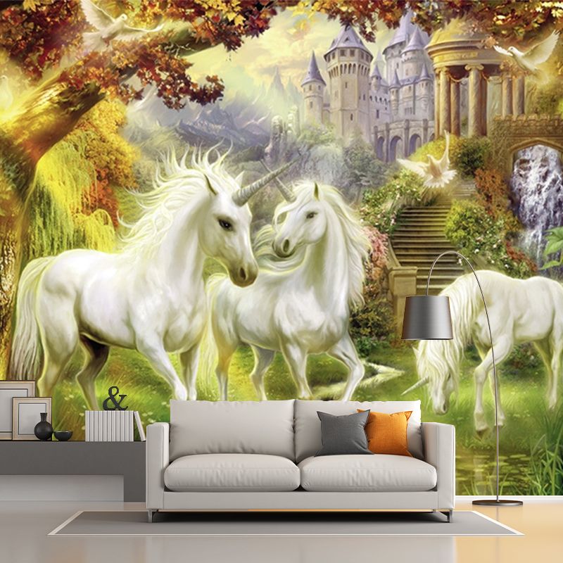 Renaissance Unicorn and Castle Murals White-Green-Yellow Animal Wall Decor, Optional Size