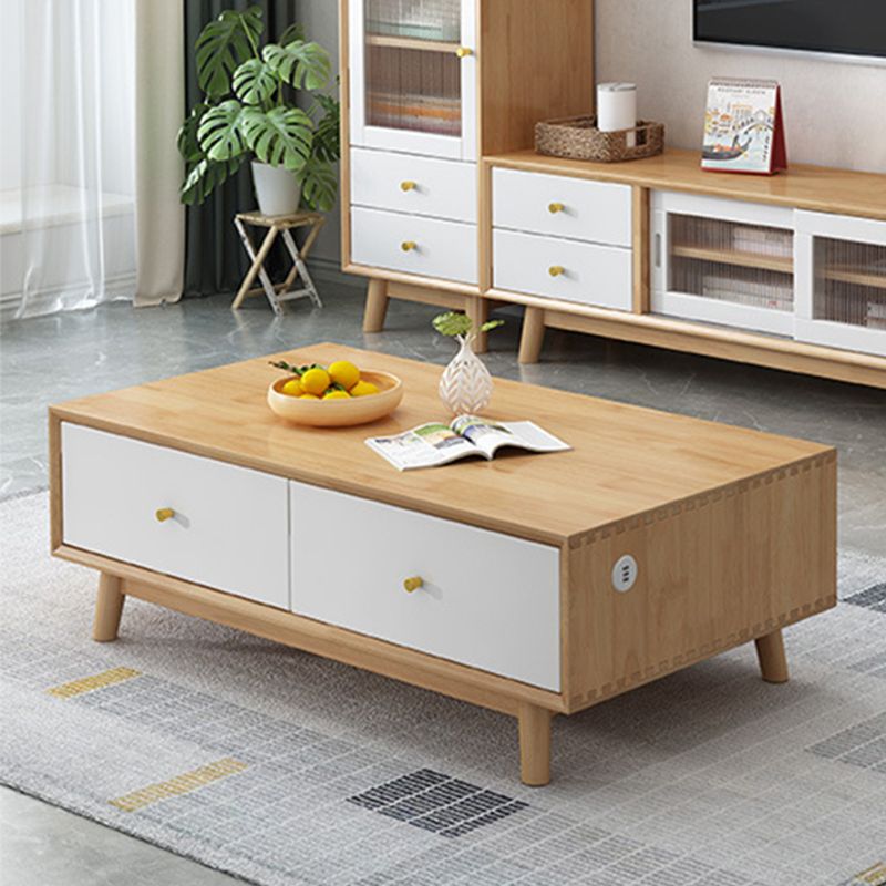 Wooden Coffee Table with 2 Drawers and 4 Wooden Legs in Brone for Living Room
