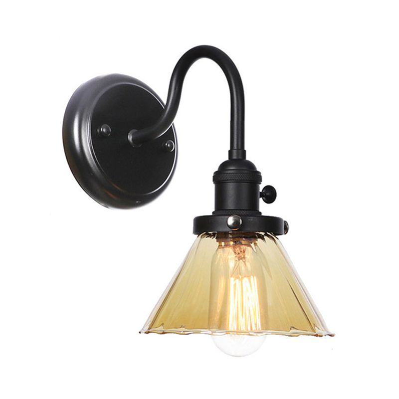 1-Licht-Schwanenhalswandlampe Vintage Küchenwandhalterung Licht mit Kugel/Diamant/Kegel klar/Bernsteinglas Schatten in Schwarz