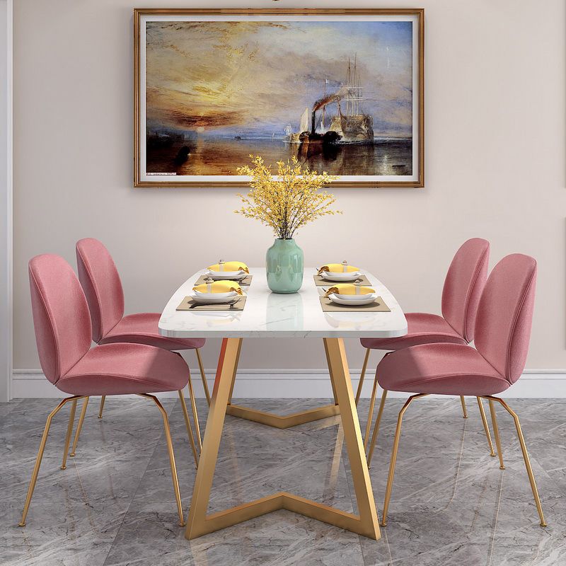 White Stone Top Dining Table Glam Style Gold Base Dining Table for Living Room