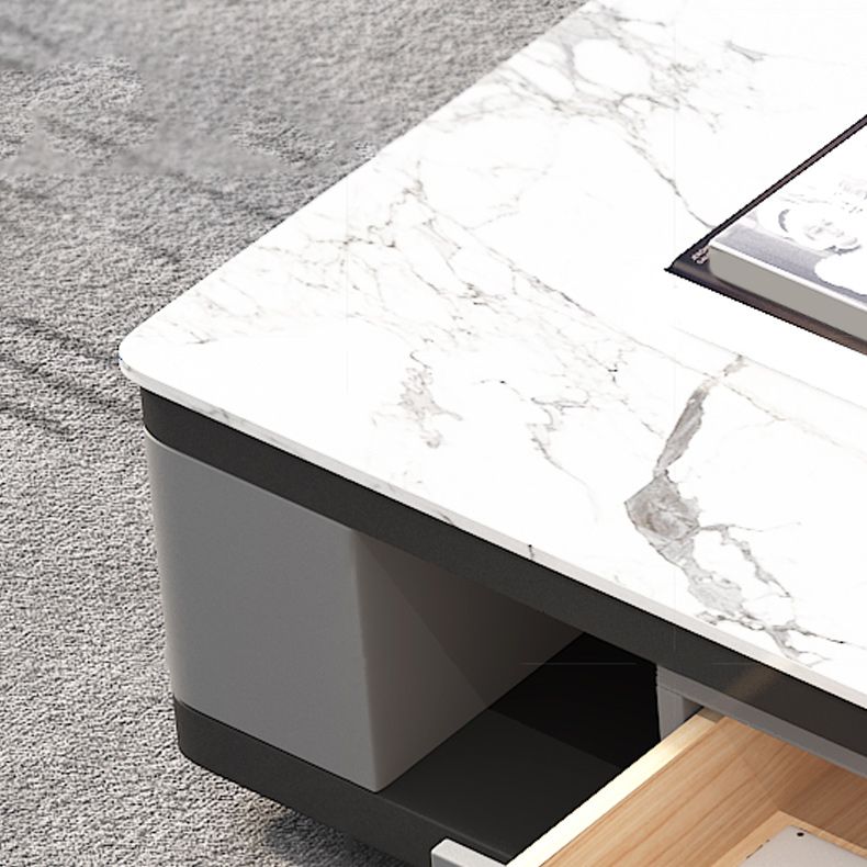 White Contemporary Marble Top Coffee Cocktail Table with Storage