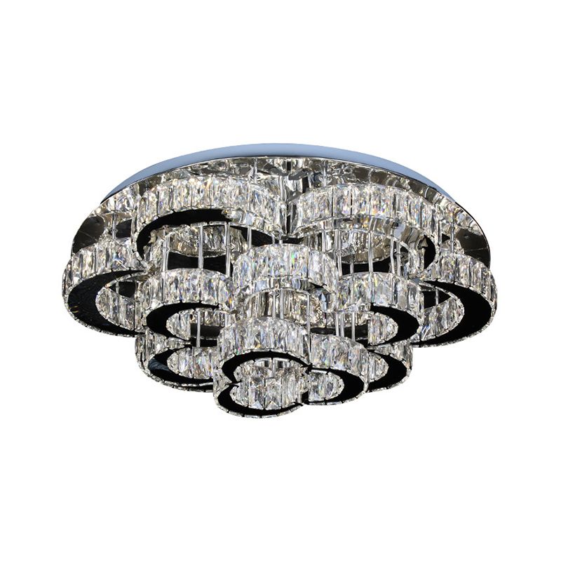 Tiered Floral Semi Flush Mount Modernist Crystal LED Parlor Ceiling Fixture in Chrome, Remote Control Stepless Dimming Light