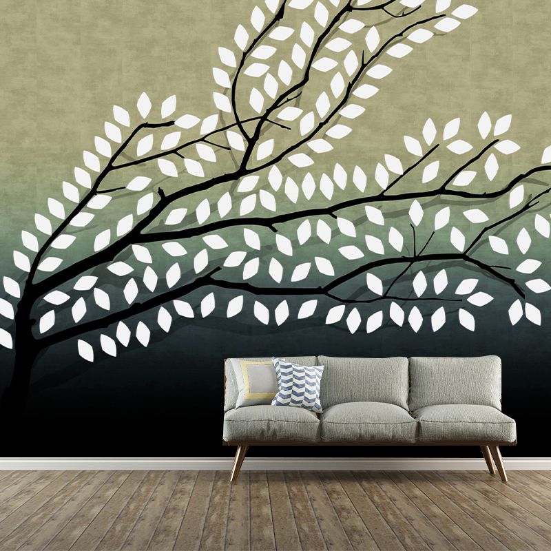 Yellow-Green Artistic Wall Murals Full Size Leafy Branch Wall Covering for Living Room