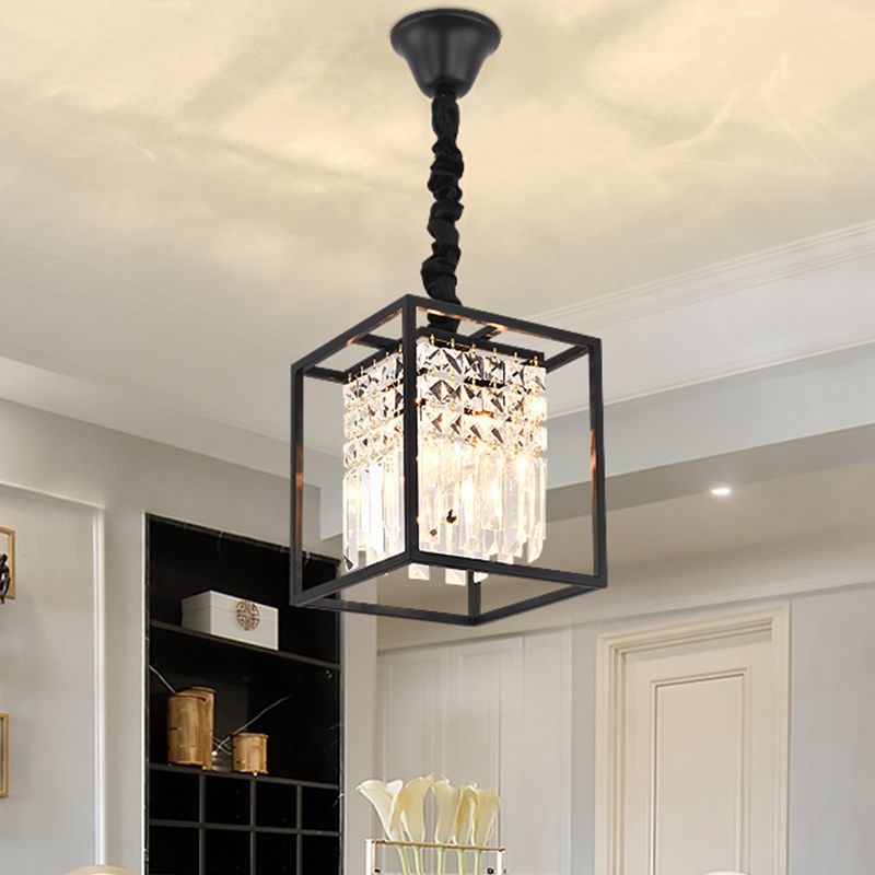 Cube Metal Cage Pendant Light Crystal Ceiling Light for Dining Room