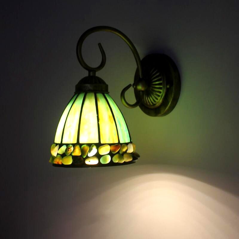 Dome Wall Lighting Idea Tiffany Stained/Beige/Green Stained Glass 1 Light White/Brass Sconce Light Fixture with Stone Deco