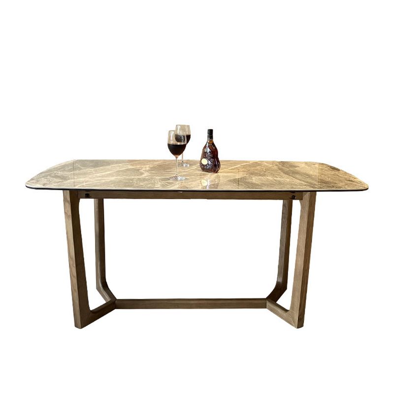 Table de salle à manger avec plateau en pierre, table rectangulaire en bois avec base à tréteaux