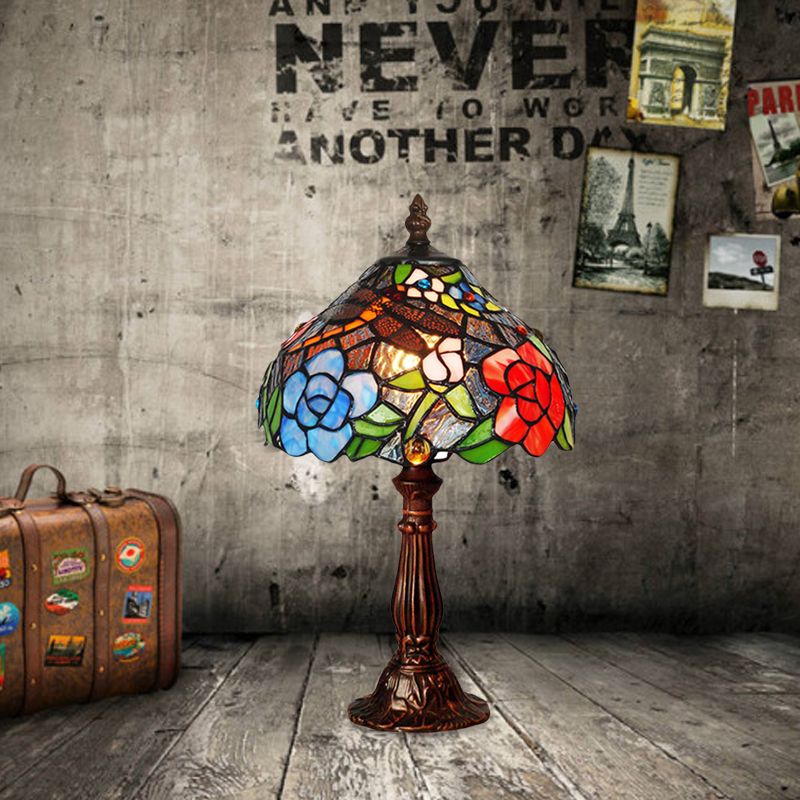 1-Light Peony Patterned Table Lighting Tiffany Bronze Stained Glass Night Stand Lamp