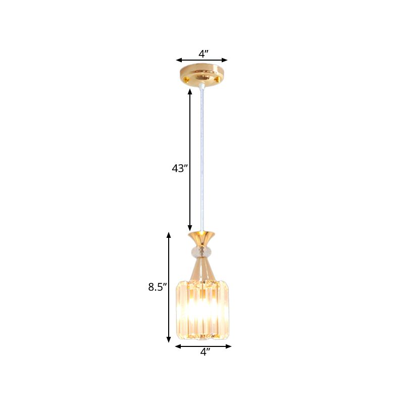 Crystal Prisms Cylinder Ceiling Light Fixture Simple Single Suspension Pendant in Gold