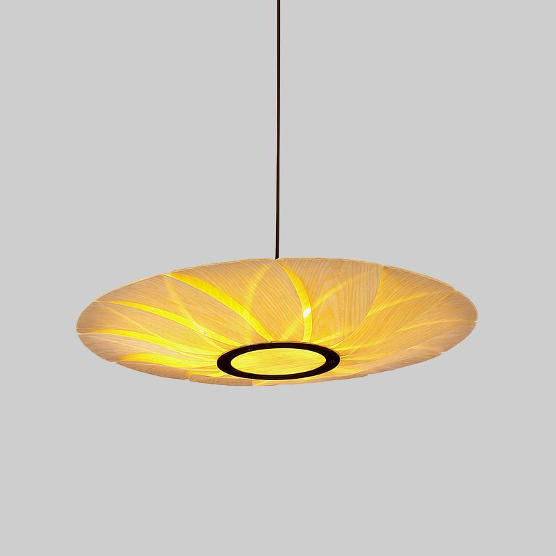 3 Heads Flat Chandelier Lighting Chinese Wood Ceiling Suspension Lamp in Beige