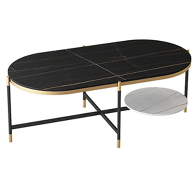 17.7" Tall Modern Metal Cross Leg Base Glass Oval Coffee Table with Shelf