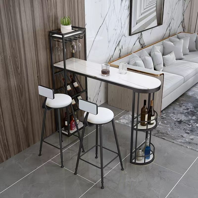 Contemporary Bistro Accent Dining Table Stone and Metal Bar Table with Wine Rack