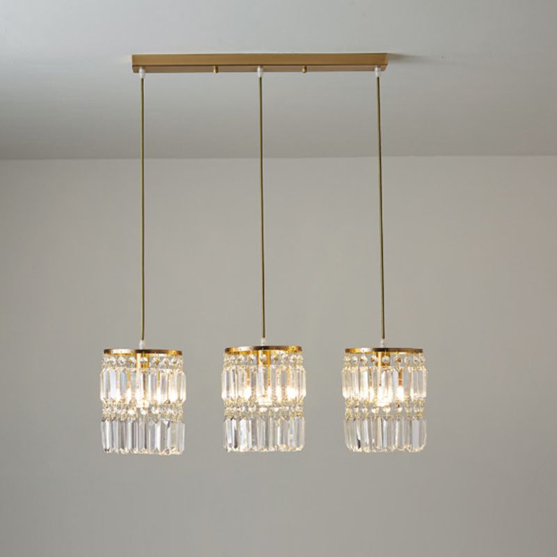 Contemporary Cylinder Hanging Pendant Tri-Prism Crystal 3 Heads Dining Room Multi Light Chandelier in Brass