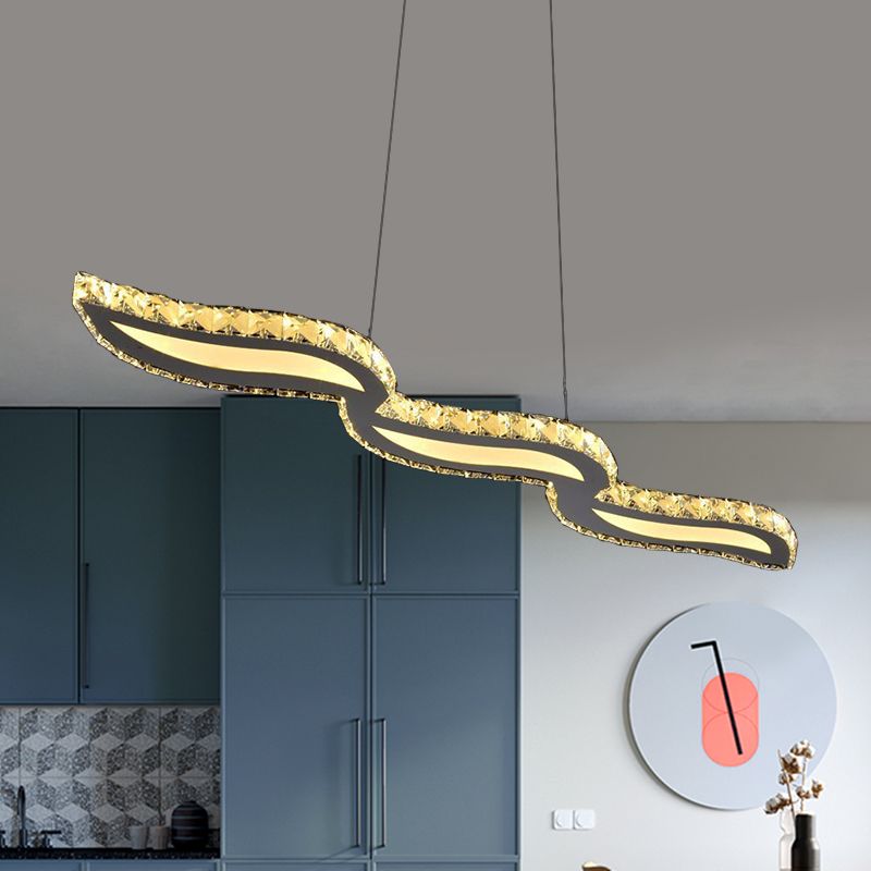 LED Restaurant Ceiling Hang Fixture Minimalist Sliver Island Light with Leaf Cut Crystal Shade