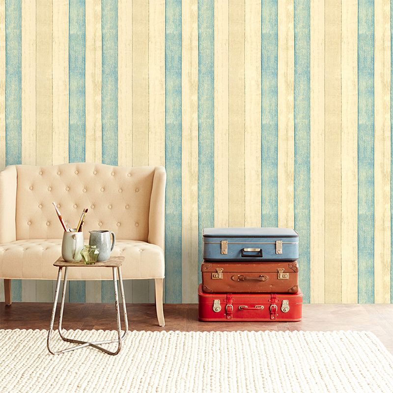 Wood Look Stripes Wallpaper Roll Rustic PVC Adhesive Wall Covering in Yellow-Blue for Room