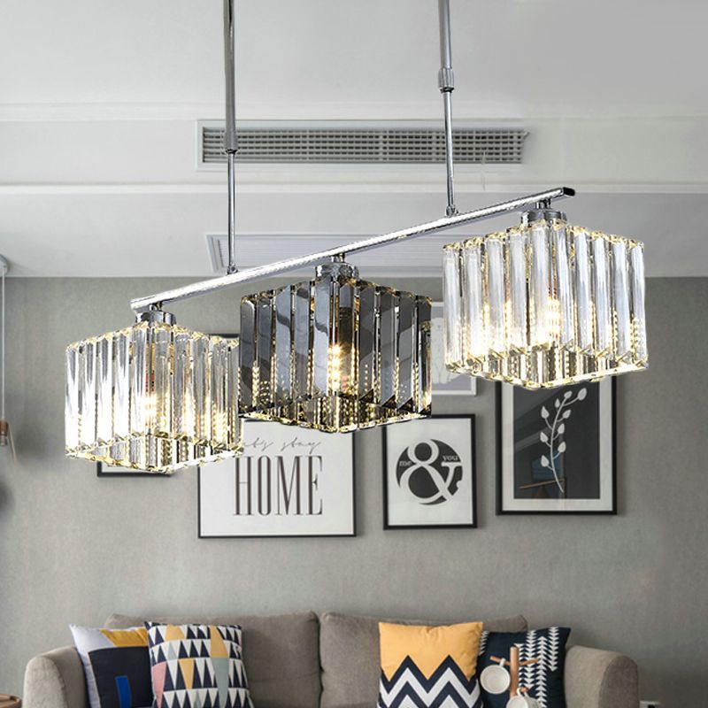 Cube Island Ceiling Light Modernism Crystal Shaded 3/4 Lights Chrome Pendant Light over Table