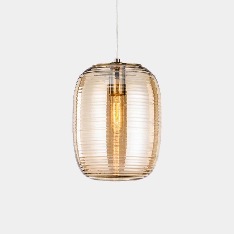 Amber/Smoke Cylinder Pendant Light Post-Modern 1 Light Ribbed Glass Hanging Light Fixture for Bedroom