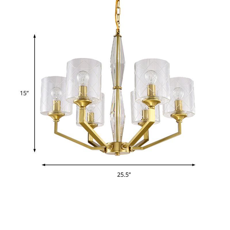 Cylinder Living Room Ceiling Chandelier Traditional Clear Glass 6/8 Light Brass Hanging Fixture