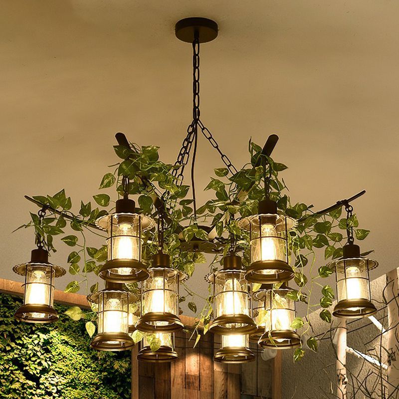 Industrial Style Lantern Chandelier Clear Glass Suspension Light in Black with Green Vine Decoration