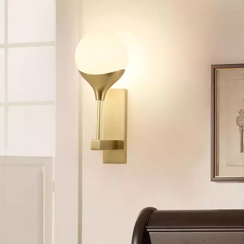 1 Bulb Bedroom Wall Light Minimal Brass Finish Wall Sconce with Globe Cream Glass Shade