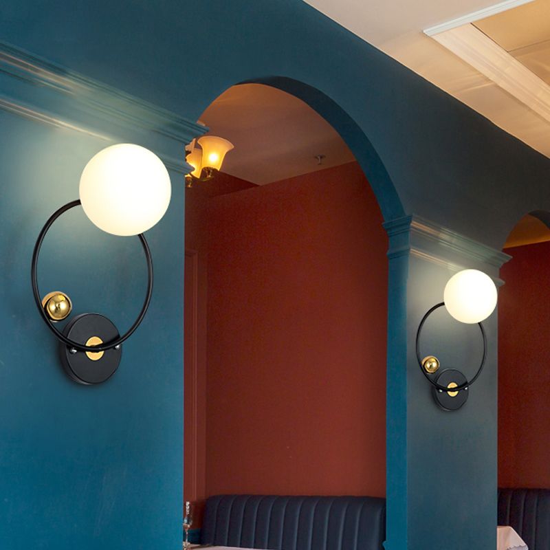 Black Circular Wall Lighting Modernist 1 Head Metal Sconce Light Fixture with Opal Glass Shade