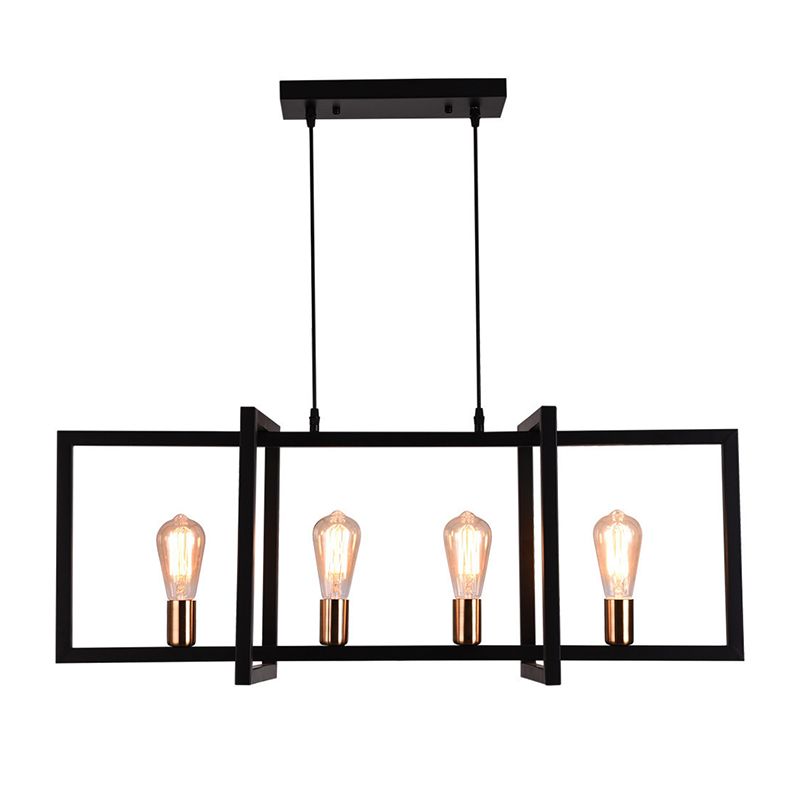 Rectangular Diner Hanging Lamp Industrial Metal 4-Bulb Black Cage Island Lighting