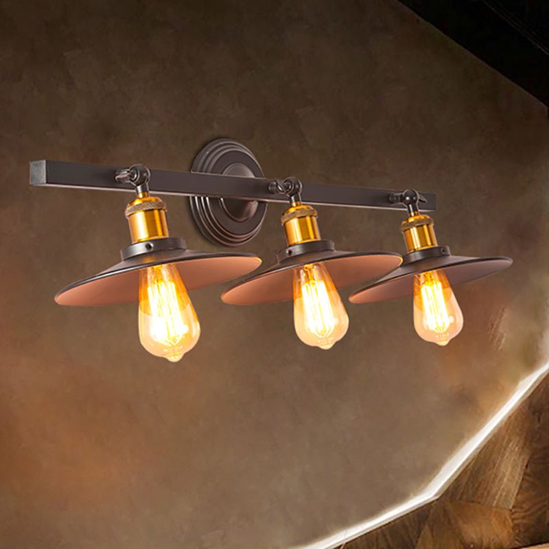 Warehouse Style Linear Wall Lighting Iron 3 Lights Coffee Shop Wall Mounted Lamp with Flared Shade in Black