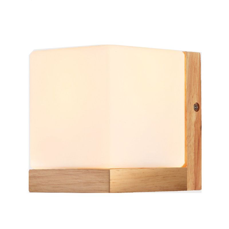 Nordic Wood Wall Light Cube Shape 5.5" Wide Wall Sconce with Glass for Bedroom