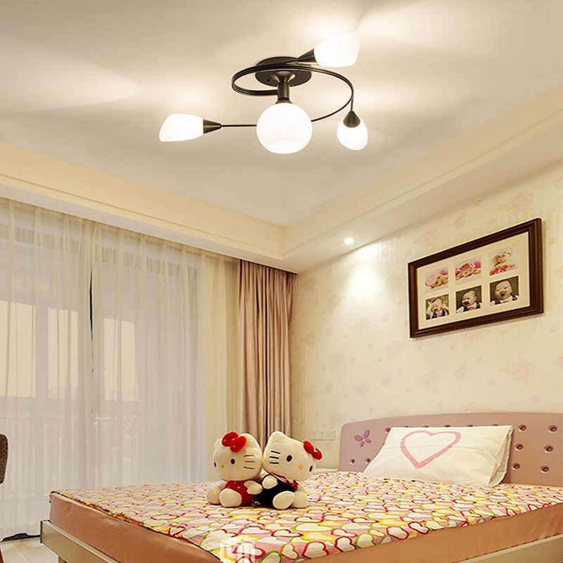 Curved Arm Flush Mount Lighting Traditional Minimalist White Glass Semi Flush Light for Bedroom