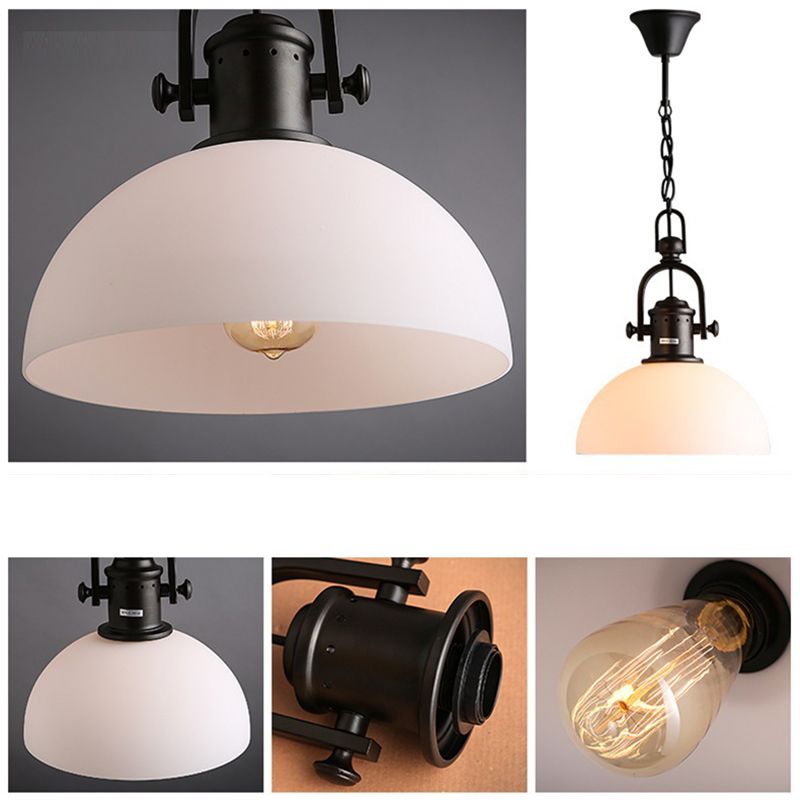 Wrought Iron Single Hanging Light in Industrial Retro Style Dome Glass Ceiling Light for Dining Room