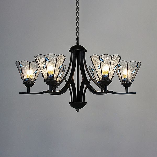 Cône Hanging Light avec design de feuille verte / bleue 6 lumières lustres en vitrail rustique en finition noire