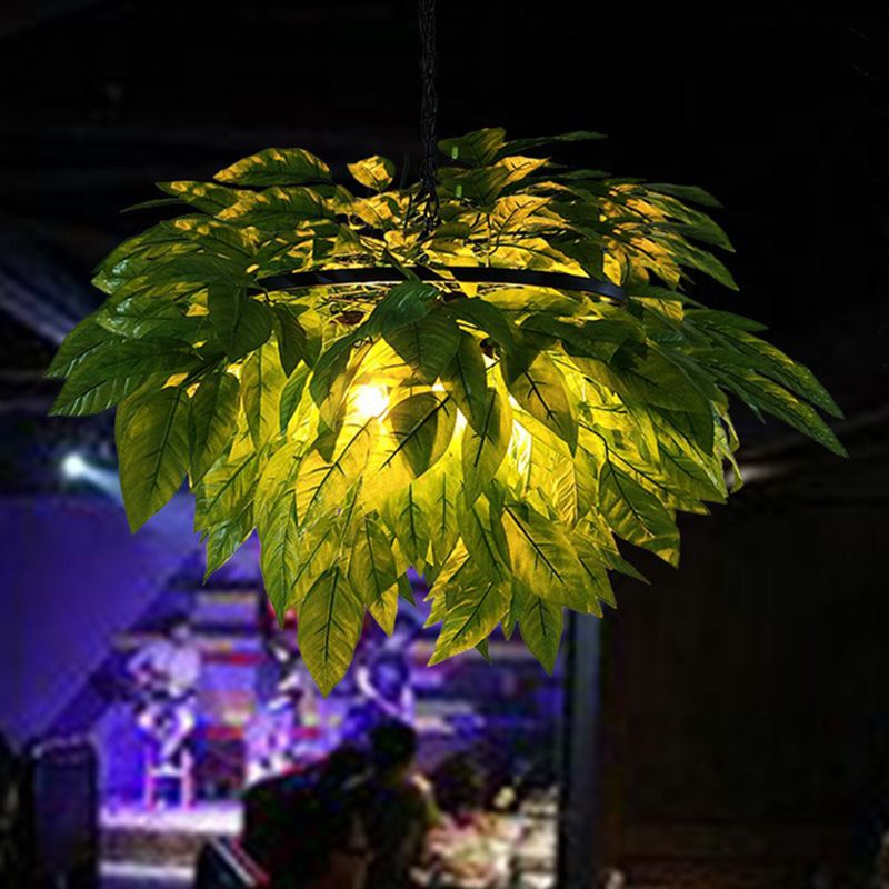 Luz de techo colgante de un restaurante colgante de metal rústico de lámpara colgante de círculo verde con decoración de plantas de arte