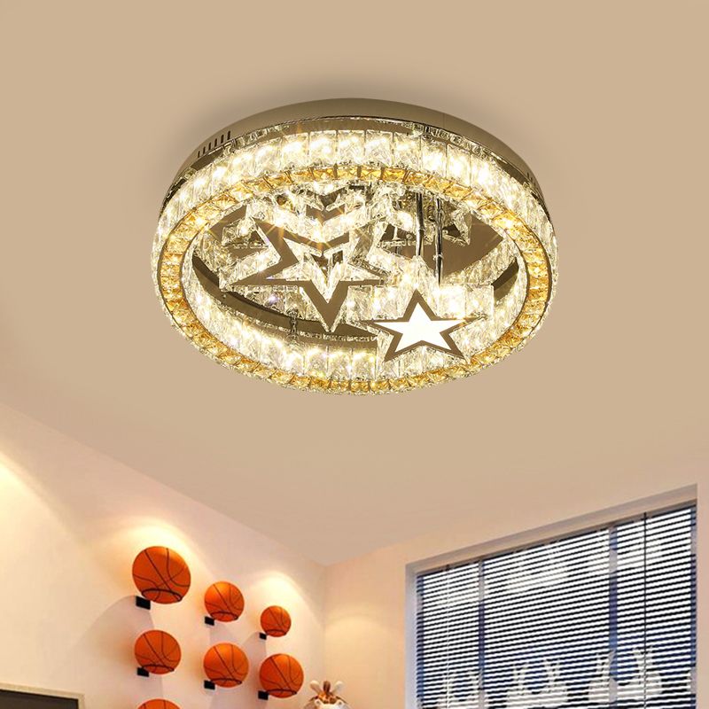 LED Semi Flush Contemporary Round Clear Faceted Crystal Blocks Ceiling Lamp in Stainless-Steel with Star Design