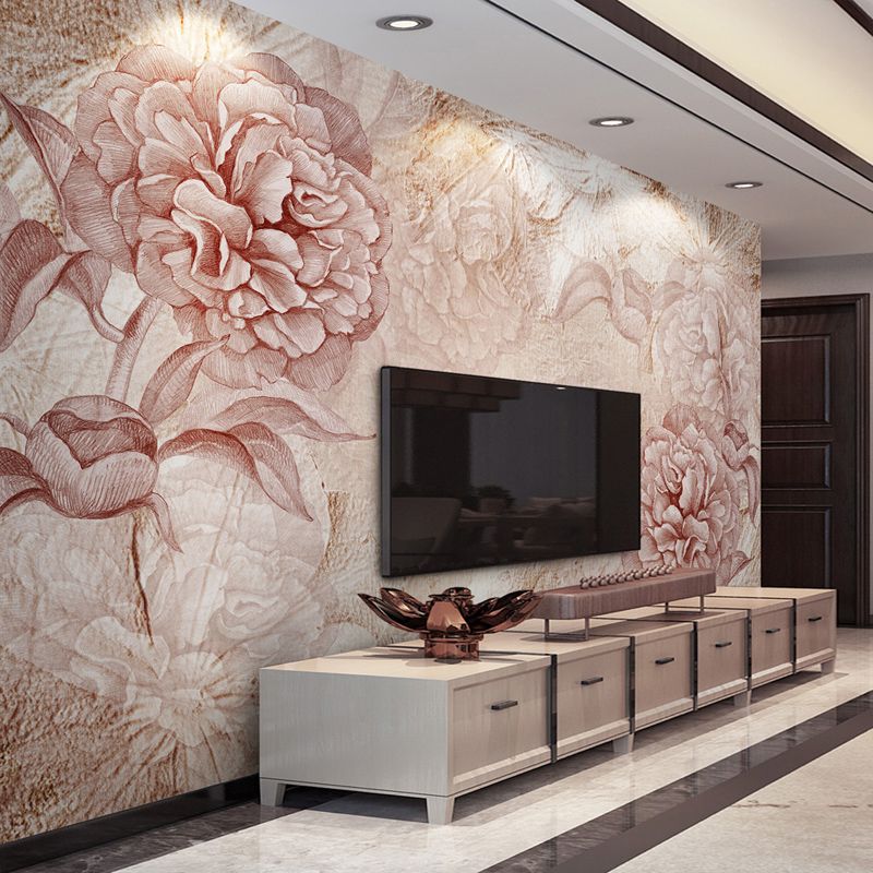 Big Peony Blossom Wall Mural Moisture Resistant Trendy Living Room Wall Covering in Light Pink