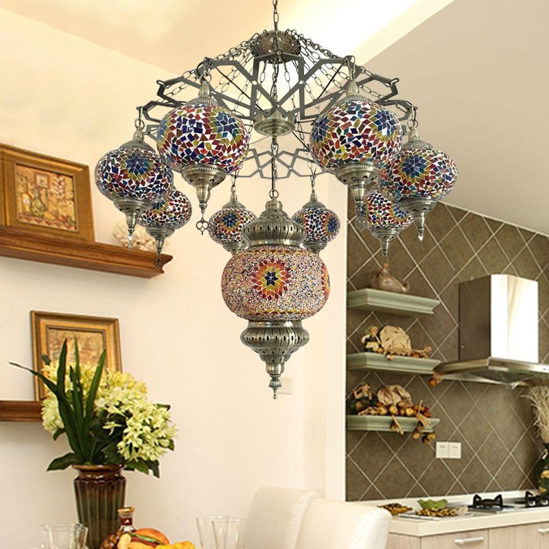 Vintage Oval Chandelier Light Fixture 9 Heads Stained Art Glass Hanging Ceiling Light in Red/Blue