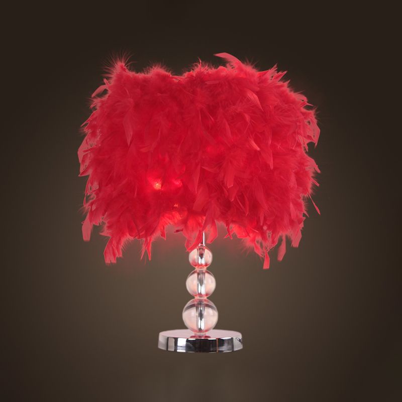 Minimalist Cylinder Night Light Feather 1 Head Bedroom Table Lamp in Red/Pink/Purple with Bubble Crystal Pedestal