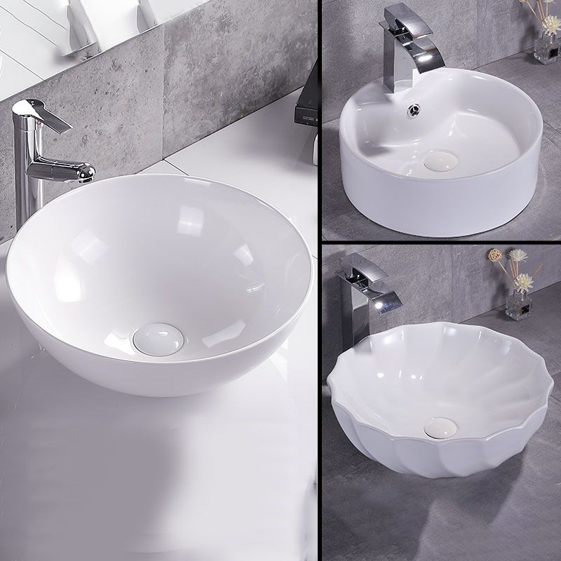 Bathroom Sink White Ceramic Faucet Single Handle Round Shape Sink