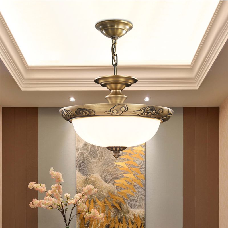 Bronze Bowl Suspension Light Antique Style White Glass Corridor Chandelier Pendant