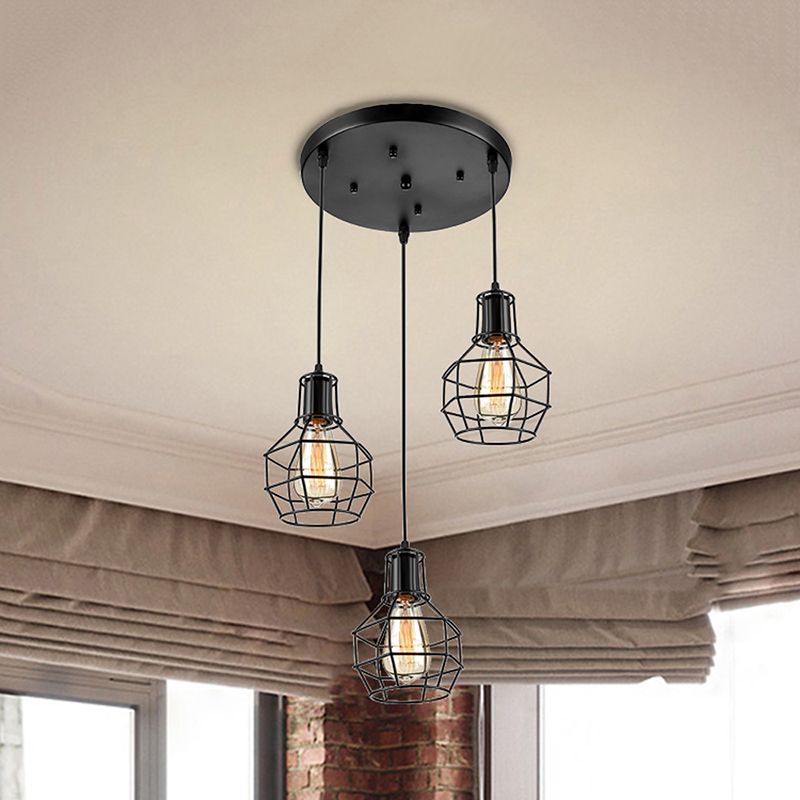 3/7 Heads Hanging Lamp Vintage Global Cage Shade Metallic Pendant Lighting with Round Canopy in Black