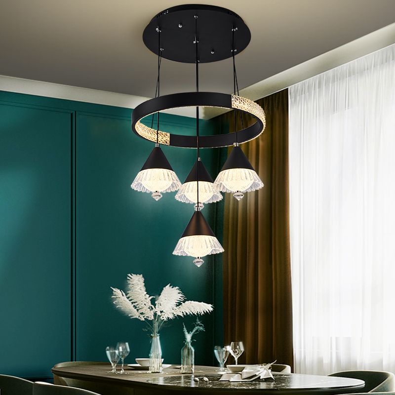 Ciondolo a cluster circolare nero moderno lampada a sospensione a LED a 5 luci a 5 luci per sala da pranzo