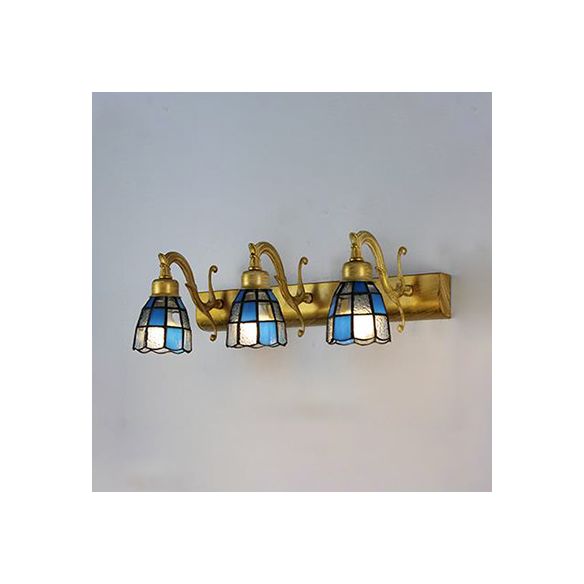 Stained Glass Dome Wall Lighting with Square/Blue Square Pattern and Linear Backplate Vintage Retro 3 Lights Sconce Lighting in Copper/Antique Brass/Brass