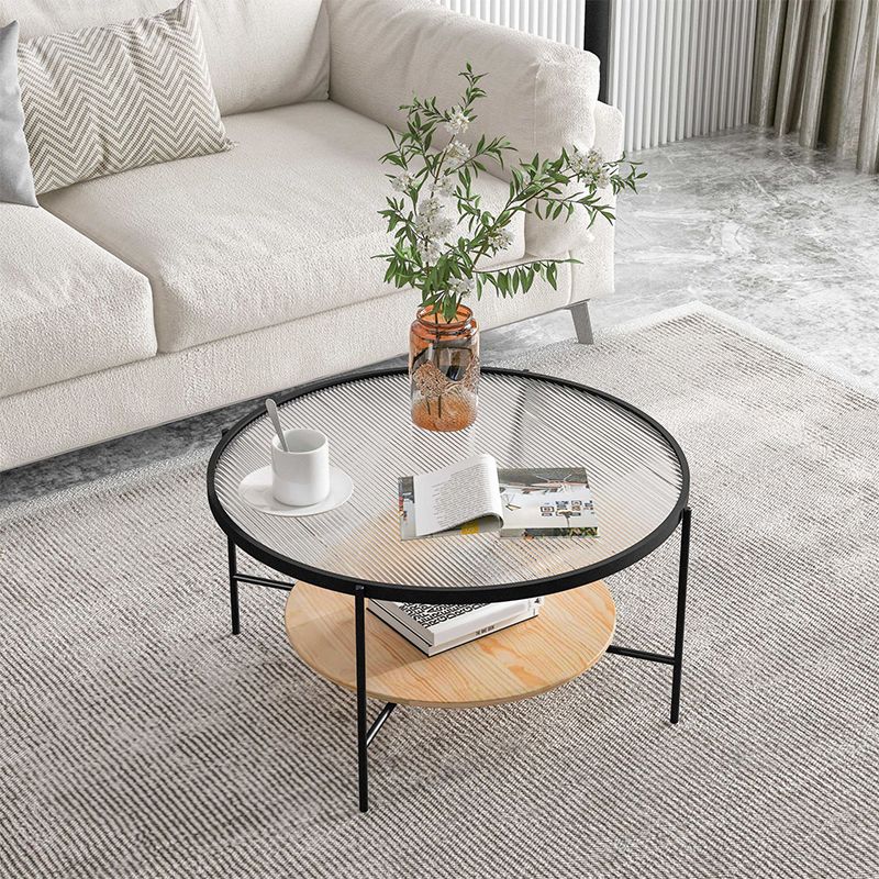 Contemporary 3 Legs Glass with Storage Shelf Round Single Coffee Table
