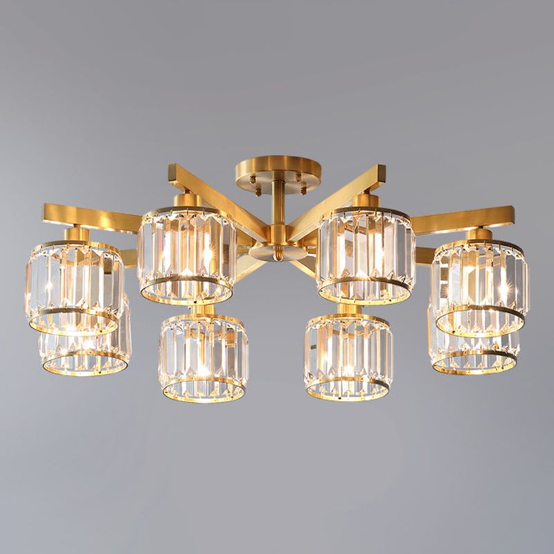 Radial Metallic Semi Flush Light Modern Gold Ceiling Flush Mount with Cylinder Tri-Prism Crystal Shade