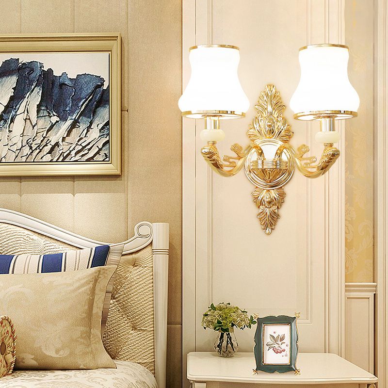 Flare Shaped Wall Sconce Transitional White Frosted Glass Wall Light Kit for Living Room